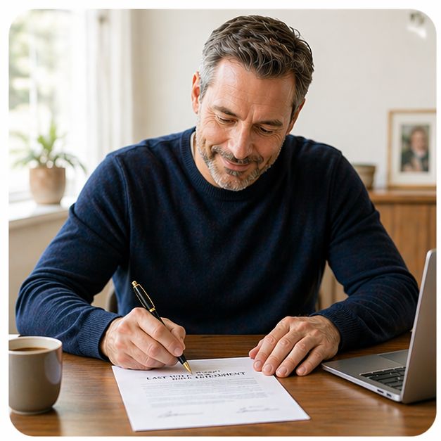 ClearLegacy customer reviewing their drafted Will on a laptop, professional online estate planning service